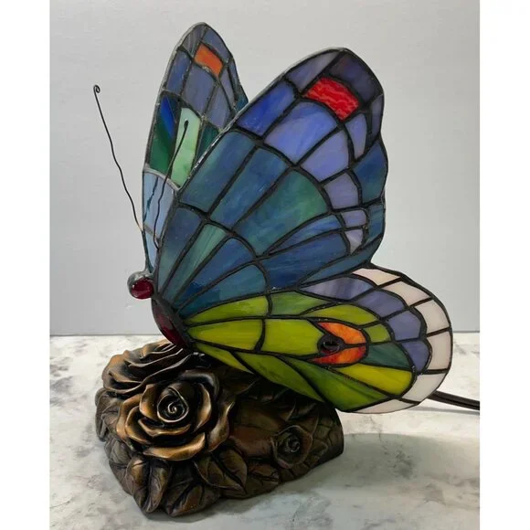 Tiffany Style Butterfly Accent Lamp Night Light Vintage Slag Glass Rose Base - Picture 6 of 16